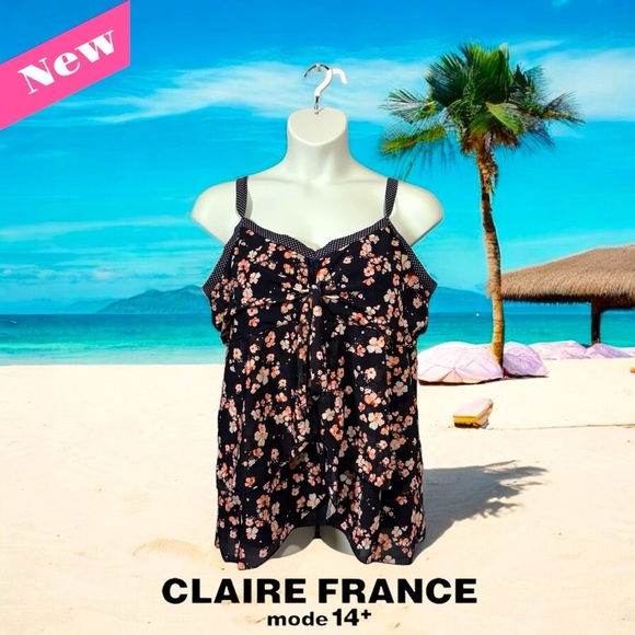 NWOT, Claire France, Plus Size Floral Tankini Top, 3X, Pink, Navy - Picture 1 of 9